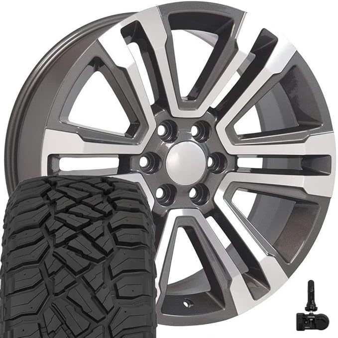 OE Wheels CV44 22 Inch Rims and Tires Fit Yukon Denali Style 6x139.7 22x9 Gloss Gunmetal Machined - Hollander 5822 - TerraMax RT 285/45-22 (Set of 4)