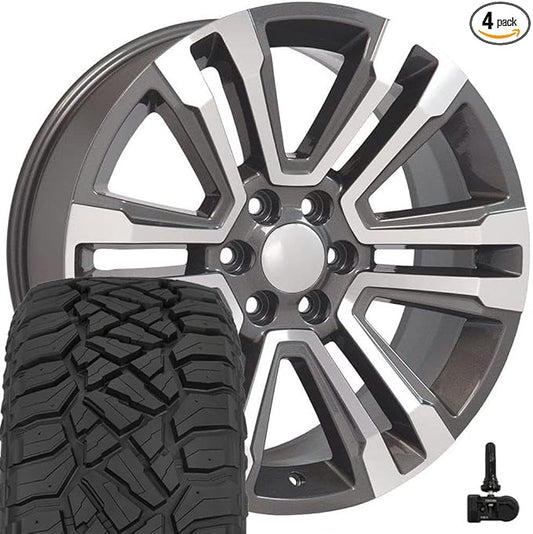 OE Wheels CV44 22 Inch Rims and Tires Fit Yukon Denali Style 6x139.7 22x9 Gloss Gunmetal Machined - Hollander 5822 - TerraMax RT 285/45-22 (Set of 4)
