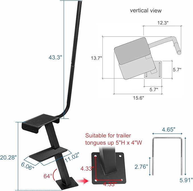 Boat Trailer Step, Heavy Duty Steel 2 Steps Ladder for Boat Trailer Tongue with Left or Right Adjustable Handrail, 450lbs Capacity, Black