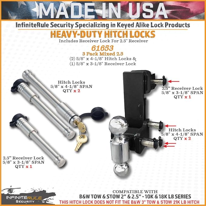 61653 | 3 Pack Mixed 2.5, Keyed Alike, Hitch Locks for B&W 2" & 2.5" Tow and Stow 10K LB & 18K LB - Includes Lock for 2.5" Receiver