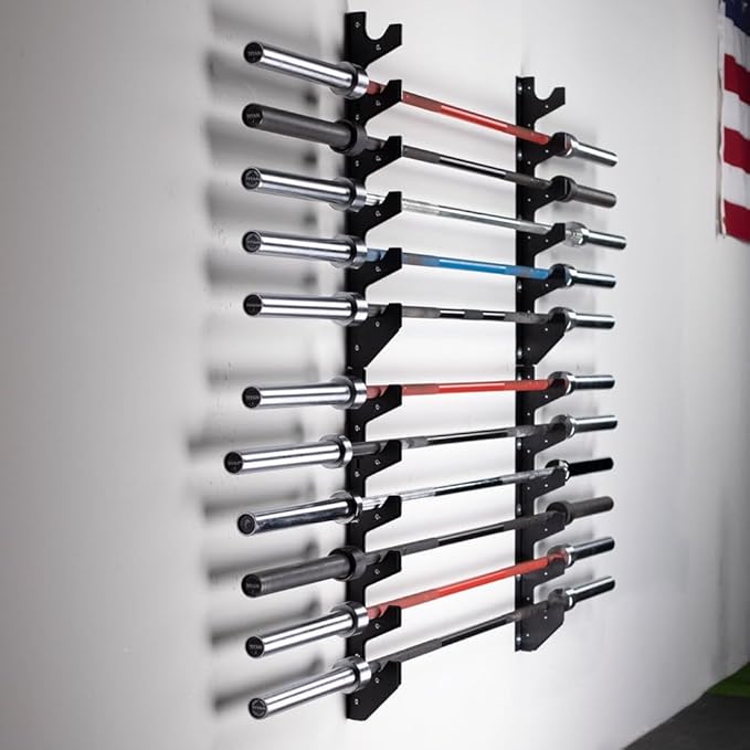Titan Fitness Horizontal Wall-Mounted Barbell Gun Rack, Holds 6 Olympic-Sized Bars, Steel Bracket Holder with Thick UHMW Protectors, Space Saving Barbell Storage, Weight Bar Holder, 400 LB Capacity