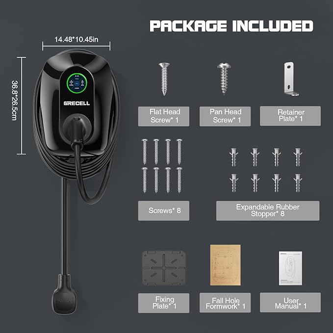GRECELL Level 2 EV Wall Charger, ETL Certified 48A 11KW 240V J1772 Charger Bluetooth & WiFi Enabled, Electric Car Fast Wall Charging Station, Electric Car Charger with 25FT Cable and NEMA 14-50 Plug