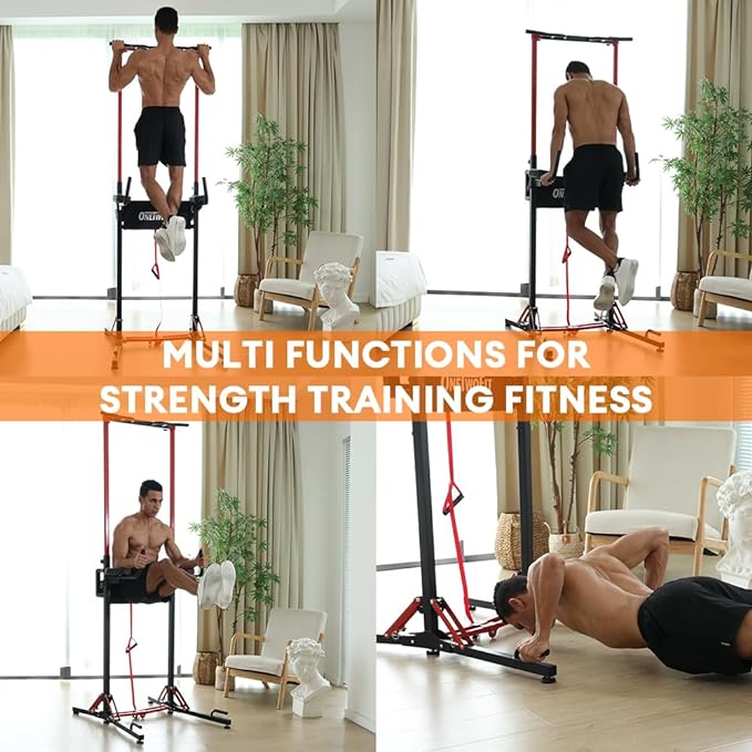 ONETWOFIT Foldable Power Tower Pull Up Bar Station, Multi-Function Adjustable Height Dip Station for Home Gym Workout, Strength Training Fitness Equipment, Pull Up Stand
