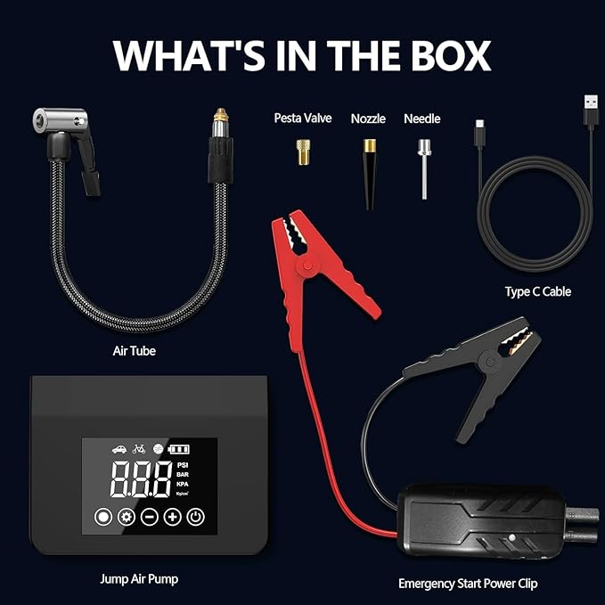Jump Starter with Air Compressor, 4000A Car Battery Jump Starter(ALL Gas/8.0L Diesel) with 150PSI Tire Inflator 12V Car Battery Jump Power, 15000mAh PowerBank With LED Light, with Type-C Quick Charge.