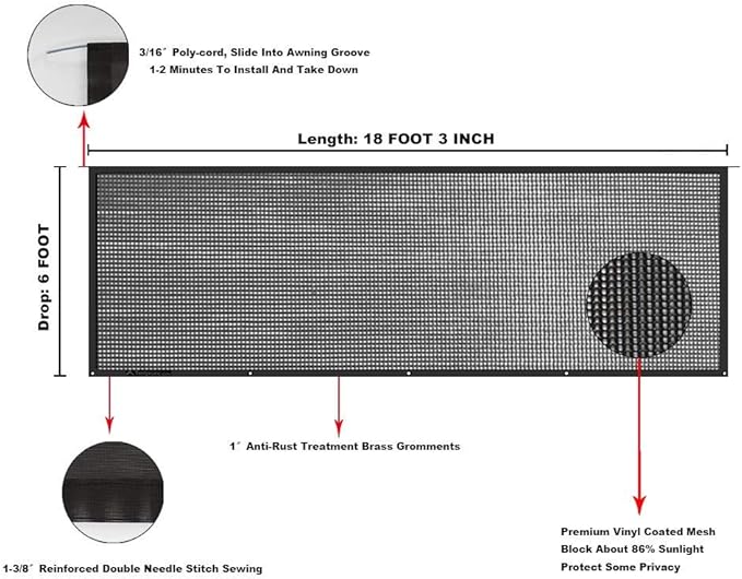 Tentproinc RV Awning Sun Shade Screen 6' X 18' 3'' (Fit for 19' Awning) Mesh Sunshade Block UV Glare Motorhome Camping Trailer Awning Sunscreen Screenshade - 3 Year Warranty (Black)