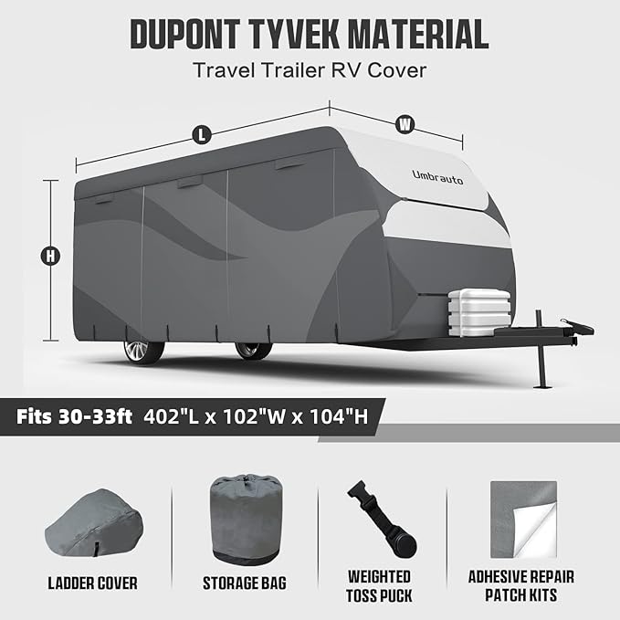 Umbrauto Travel Trailer RV Cover 30-33ft, Waterproof & Ripstop Camper Cover with 4-Layer Sides, Sun and Snow Protection, Extra Windproof Ropes, Fits Toy Hauler