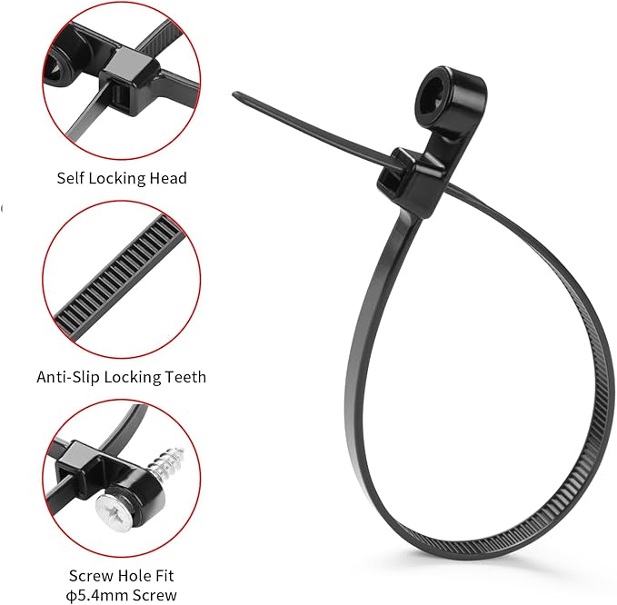 1000 PCS 10 inch Black Zip Ties with Screw Hole 70lbs Mountable head Cable Ties Straps Multipurpose Heavy Duty Nylon Cable Zip Ties with Screw Mounting Hole