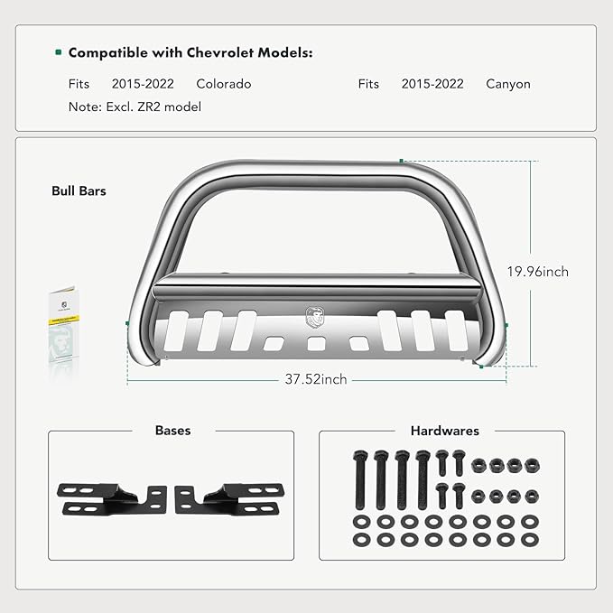 YHTAUTO 3" Bull Bar Push Bar with Skid Plate Light Mount Fit Chevy & GMC Models, Colorado/Canyon 2015-2022(Excl. ZR2 Model), S/S 304 Brush Guard for Truck Front Bumper Off Road Accessories