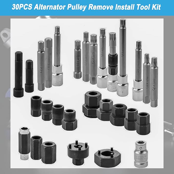 30PCS Alternator Pulley Removal and Installation Tool Kit, Clutch Freewheel Removal Socket Bit Set, Compatible with Audi BMW Ford GM Mercedes Porsche Volvo Skoda VW and More Vehicle