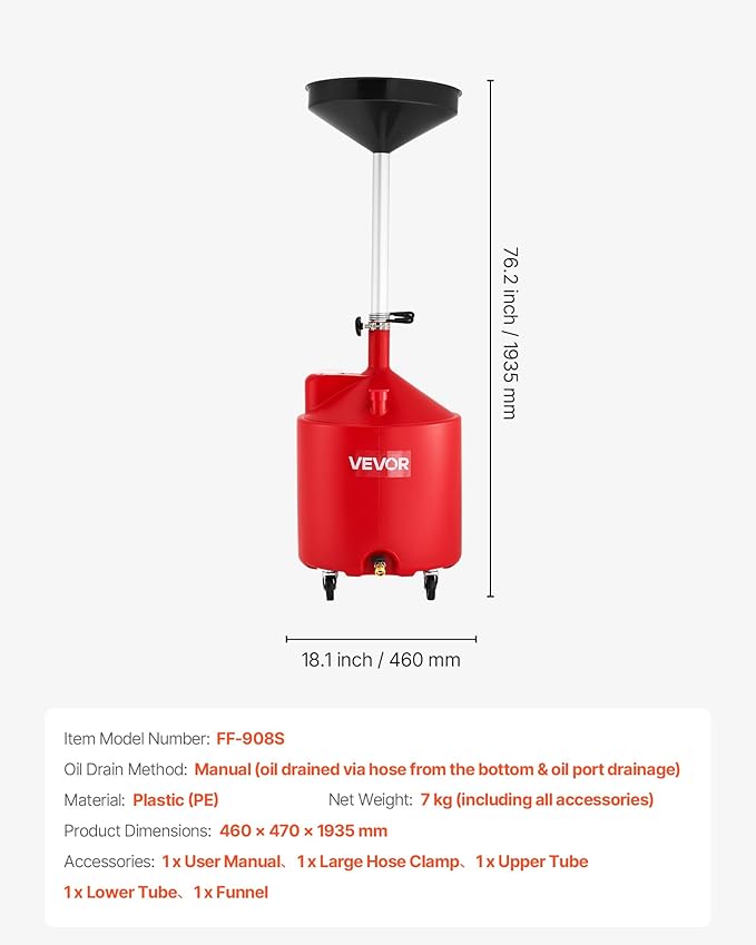 VEVOR 18 Gallon Waste Oil Drain Tank, Industrial Fluid Drain Tank with Adjustable Funnel Height, Portable Oil Drainer with Wheels, Fluid Fuel Transfer Drainage for Auto Repair Shops, Garages, Red