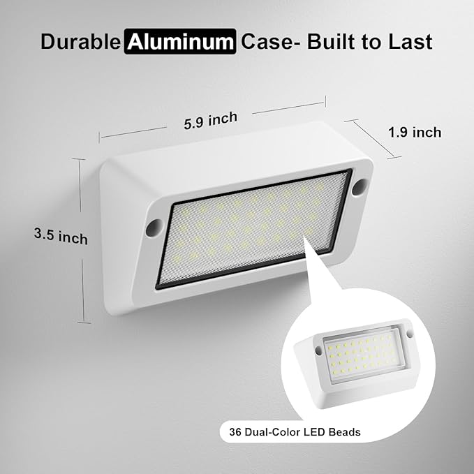 Safoner Aluminum RV LED Porch Light- Switchable White & Amber Lamp, 1400LM Brightness, IP67 Waterproof, 12-30V DC, Exterior Light for Campers, Trailers, Motorhomes (White Housing)- 2 Packs