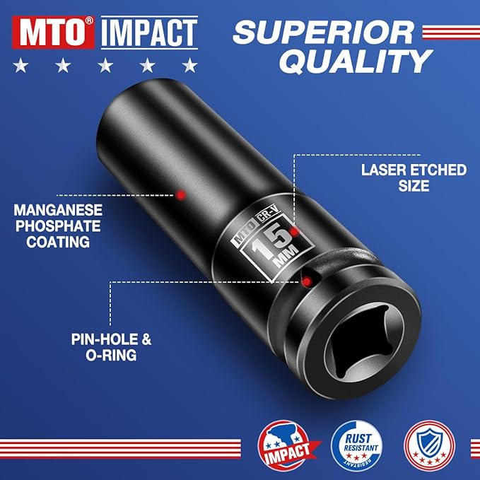 MTO 1/2" Drive 15mm Deep Impact Socket, 6-Point Metric Socket for Automotive Maintaince, CR-V Steel Meets ANSI Standards