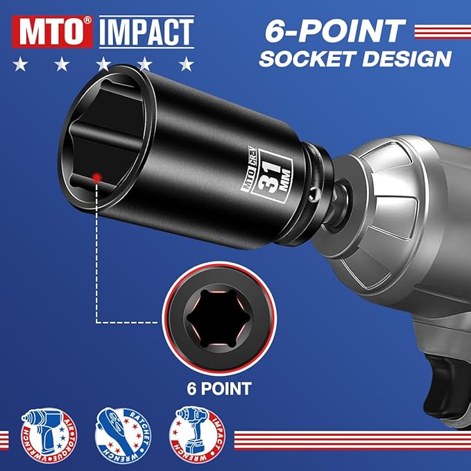 MTO 1/2" Drive 31mm Deep Impact Socket, 6-Point Metric Socket for Automotive Maintaince, CR-V Steel Meets ANSI Standards