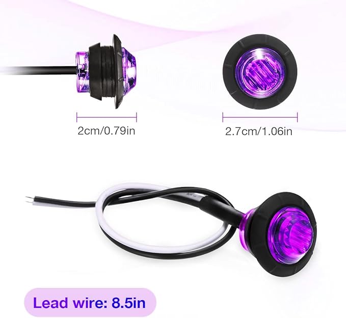 KEING 10 Pack Sealed Waterproof Mini Round 3/4 Inch Purple LED Marker Lights Signal Light 12V for Trailer Truck Bus Pickup Van ATV RV Lorry Caravan, 5 Years Warranty