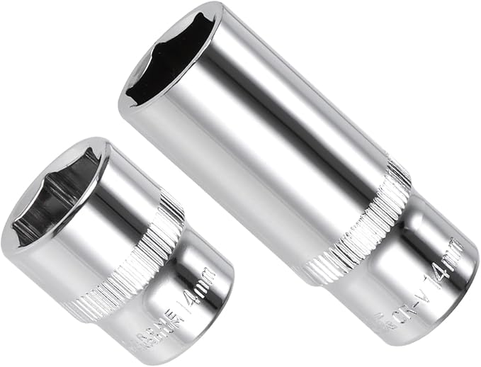 6-Point Socket, 1/4" Drive 14mm Deep, Polished Chromed CR-V Metric Deep and Shallow Impact Socket - (Applications: for Ratchet Torque Electric Wrenches Car Repair), 2-Pieces