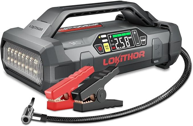 LOKITHOR JA300 Jump Starter with Air Compressor, 1500Amp 12V Portable Car Battery Booster Pack for Upto 7.0L Gas or 4.5L Diesel, 150 PSI Tire Inflator with Digital Screen, 24 Months Ultra-Long Standby