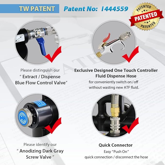 FIRSTINFO Patented 10 Liter 22 Pcs Taiwan-ATF Filler Adapters | Pneumatic Transmission Fluid Dispenser Pump | Hanging Hook | 360° Z-Swivel Air Inlet | Spring Structure Hose