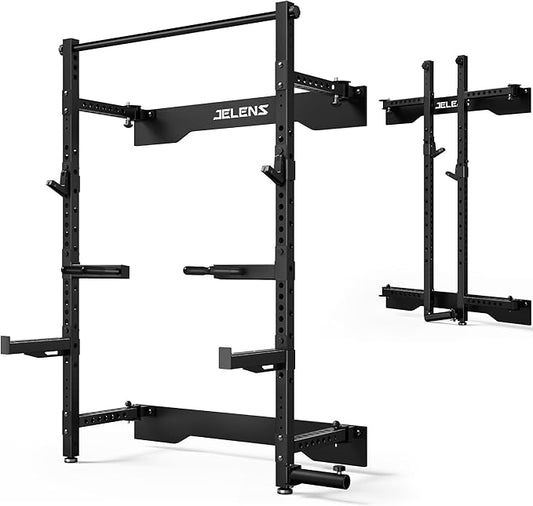 Folding Squat Rack, Wall Mounted Power Rack for Home Gym, Space Saving Multi-Functional Power Cage with Attachments