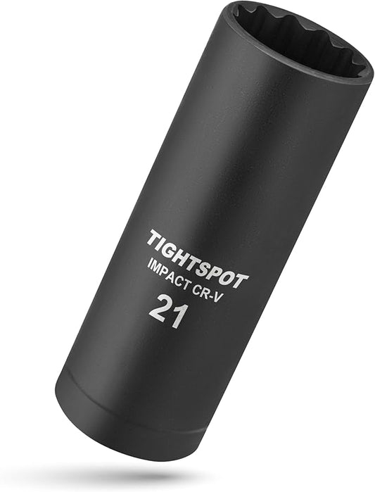 TIGHTSPOT 1/2 Inch Drive - 21 mm Deep Impact Socket with Anti-Rounding 12 Point Design, Heat-Treated CRV Steel, Metric