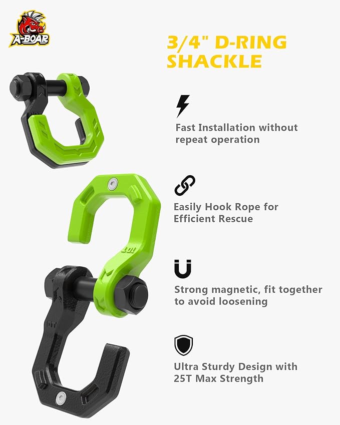Separate D-Ring Shackles, 2Pack, 3/4" Separate D-Ring Shackles 7/8" Pin, 57320lbs Breaking Strength, Heavy Duty Forged Steel, D-Ring Towing Winch Shackle for Recovery, 4x4 Off-Road, Black Green