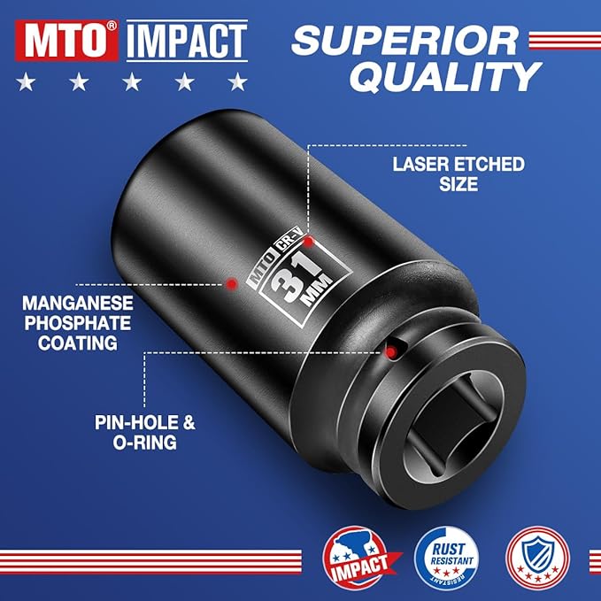 MTO 1/2" Drive 31mm Deep Impact Socket, 6-Point Metric Socket for Automotive Maintaince, CR-V Steel Meets ANSI Standards
