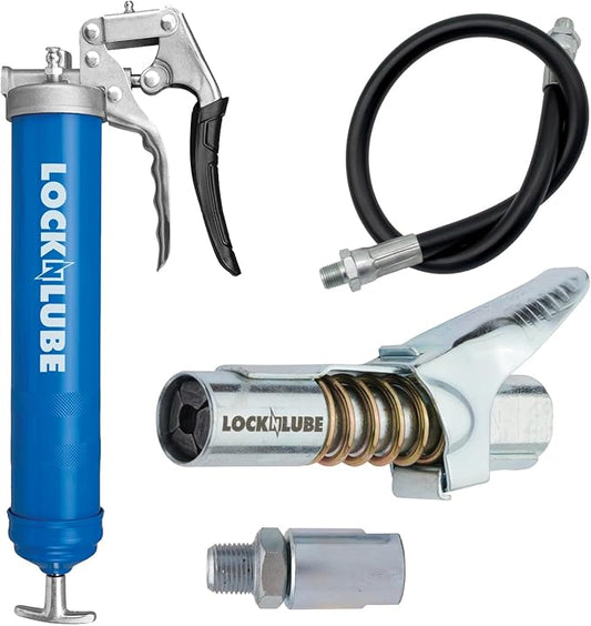 LockNLube Heavy-Duty Pistol Grip Grease Gun (Blue). Includes our patented LockNLube® Grease Coupler (Locks On, Stays On, Won't Leak!) plus a high-quality 20" hose and in-line hose swivel