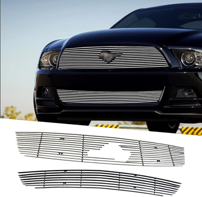 Chrome Main Upper Lower Bumper Grille Fits 2010-2012 Ford Mustang V6 Bolt Style Aluminum Grill Insert for Mustang V6 2010 2011 2012 (Upper + Bumper)