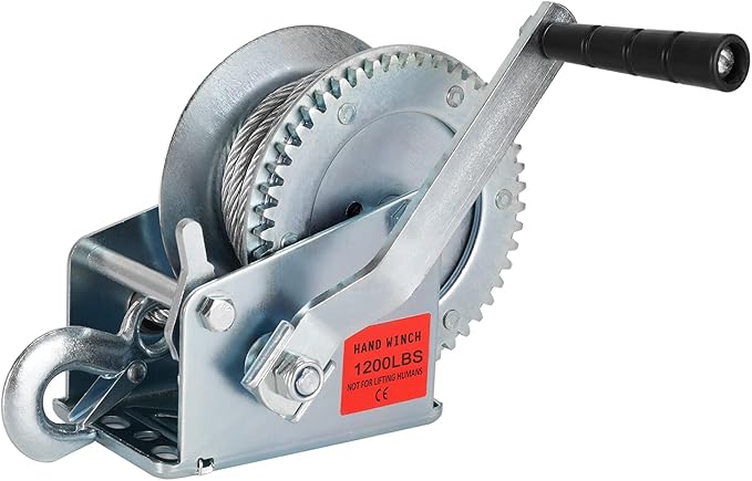 Heavy Duty Hand Winch 1200 lbs with 32 ft Steel Wire Rope, Hand Crank Strap Gear Winch with Steel Wire, for ATVs Boats Trailers Trucks Auto Marine