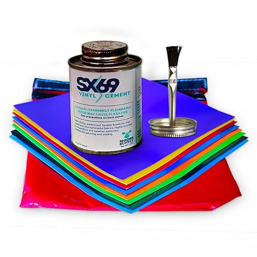 SX-69 Vinyl Repair Kit, Includes 4oz Adhesive Cement and 9 8-Inch Square Patches, for Repairing Inflatables, Waterproof, Tears, Punctures, Holes