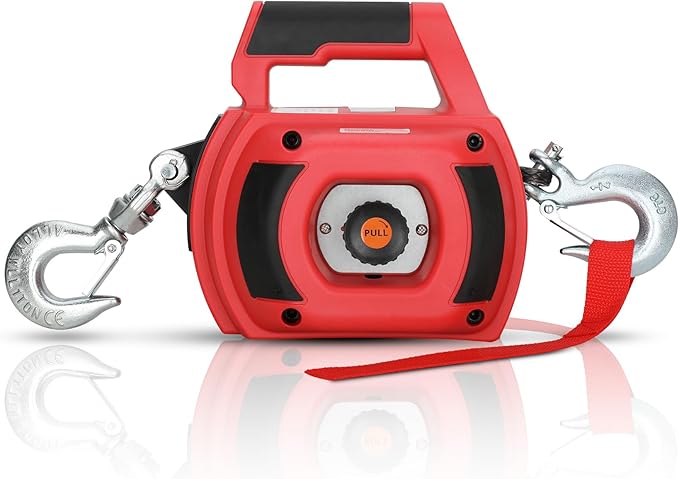 Portable Drill Winch of 1000 Lbs, Red Handheld Drill Winch with 40 Foot Synthetic Rope, Rotate The Hook 360 Degrees, for Lifting & Dragging(Red)