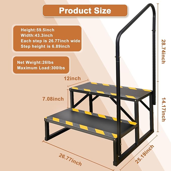2 Step RV Stairs, Hot Tub Steps, Outdoor Spa Step Ladder with Handrail,Portable Economy 5th Wheel Stair for Travel Trailer, Motor Home, Camper and Porch with Non-Skid Tapes