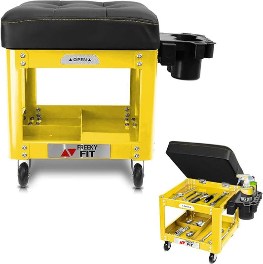 Rolling Creeper Garage Shop Seat for Men, Padded Mechanics Stool with Tool Tray Storage for Garage, Rolling Workshop Stool with Wheels, Auto Creeper Seat, 330 LBS Capacity, Heavy Duty,Yellow