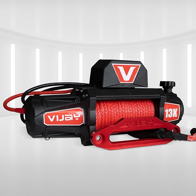 Winch-13000 lb. Load Capacity Electric Winch Kit 12V Synthetic Rope,Waterproof IP67 Electric Winch with Hawse Fairlead, with Wireless Handheld Remote and Corded Control Recovery（Red）