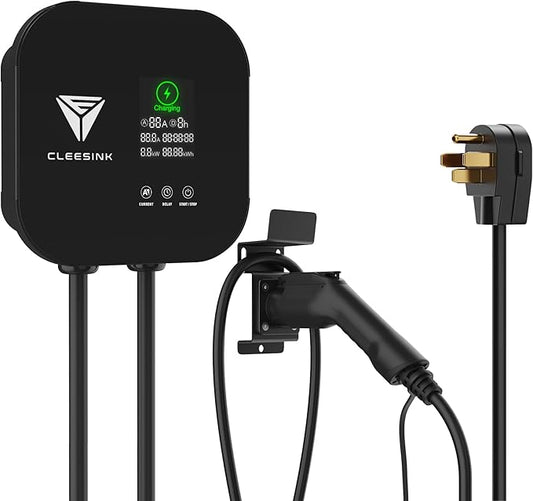 CLEESINK Level 2 EV Charger, 40A 240V Indoor/Outdoor Electric Vehicle Charging Station, NEMA 14-50, 23ft Cable UL Listed Home Electric Car Universal Wall Charger EVSE, Settable Amps & Time, Black