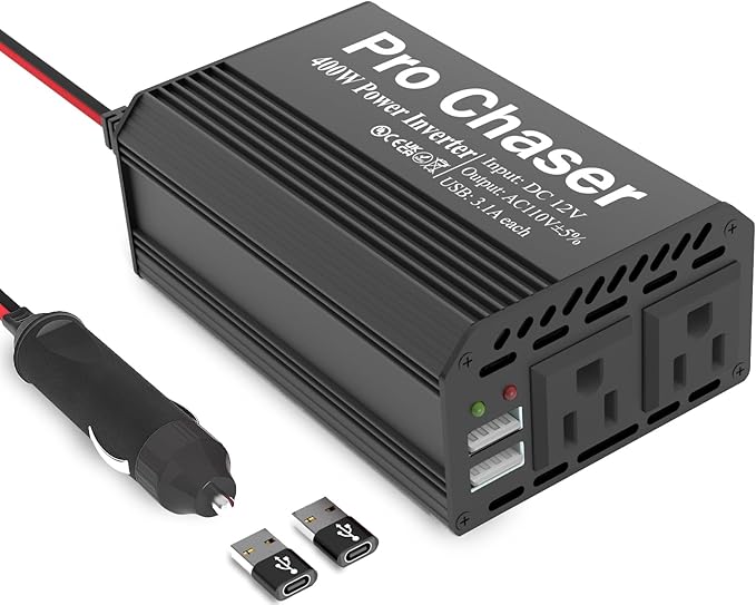 Pro Chaser 400W Car Power Inverter 12V DC to 110V AC Car Truck RV Inverter 6.2A Dual USB Charging Ports for Road Trips (USB C Adaptors Included) (Black)