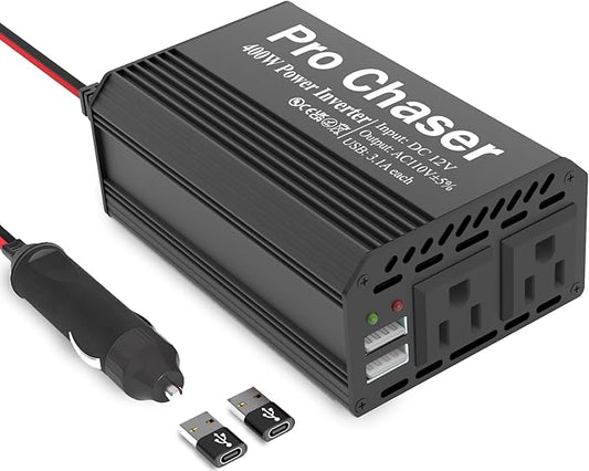Pro Chaser 400W Car Power Inverter 12V DC to 110V AC Car Truck RV Inverter 6.2A Dual USB Charging Ports for Road Trips (USB C Adaptors Included) (Black)