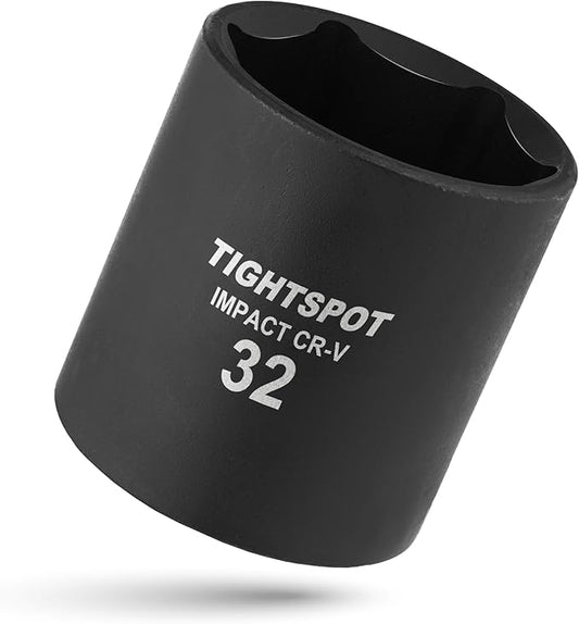 TIGHTSPOT 1/2 Inch Drive - 32mm Shallow Impact Socket with Anti-Rounding 6 Point Design, Heat-Treated CRV Steel, Metric