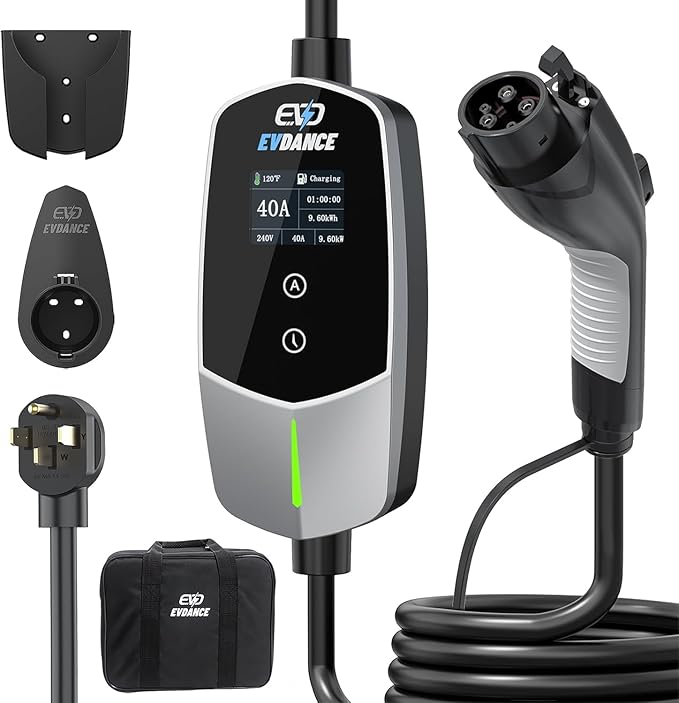 Level 2 EV Charger 40Amp, 240V 9.6KW Portable Electric Vehicle Charging Stations with NEMA 14-50P, 25FT Cable Adjustable Current/Timing Delay Home Electric Car Charger for J1772 BEVs/PHEVs