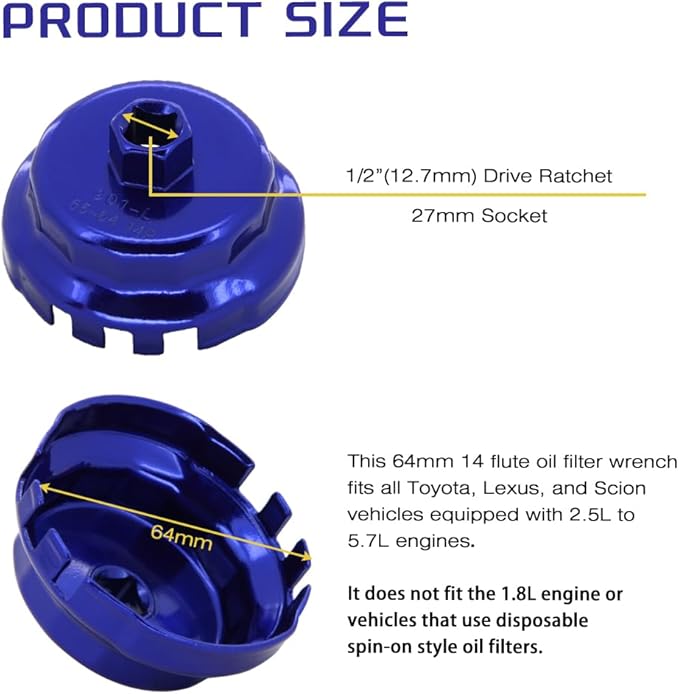 A ABIGAIL Heavy Duty Oil Filter Wrench for Toyota Oil Filter Tool Oil Filter Cap Wrench Removal Tool 64mm 1/2" Drive for Lexus, Camry, 4 Runner, Tundra 2.5-5.7L Engine