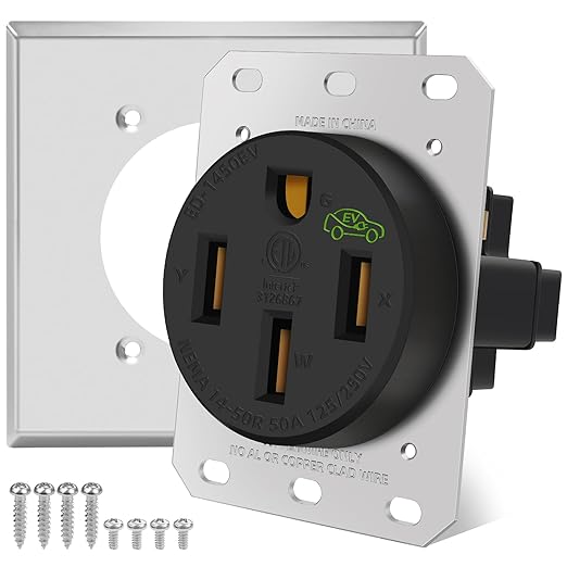 NEMA 14-50R Outlet 50 Amp EV Charging Receptacle with Wall Plate,50 Amp EV Outlet 125/250 Volt 14-50R Flush Receptacle for Electric Vehicle Charging RV Range Oven Stove,3-Pole 4-Wire,ETL Listed