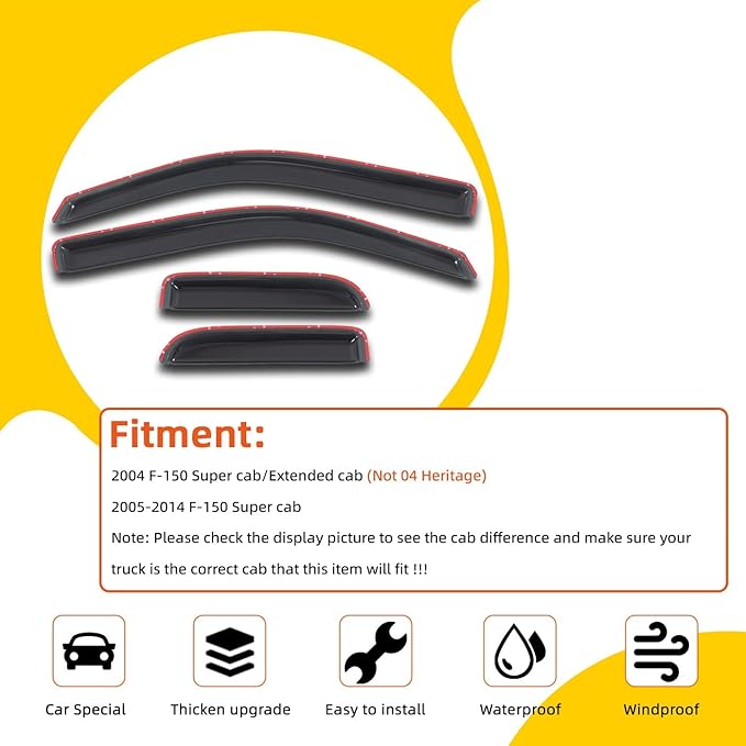 Window Visor Rain Guards Compatible with 2004-2014 Ford F-150 SuperCab/Extended Cab Window Wind Deflectors Vent Visors Shades for Truck Accessories Tape-On(No-Drill) 4pcs