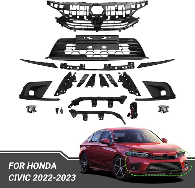 ZXMOTO Black Front Bumper Upper Grill Grille Kit Fit for Honda Civic Sedan 4Door 2022 2023 2024
