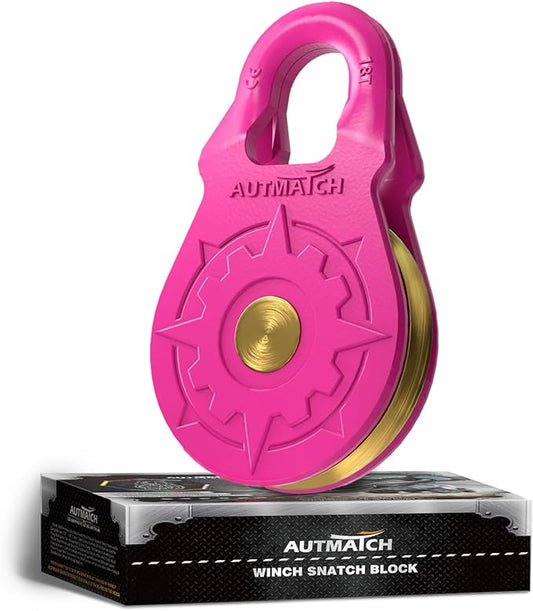 AUTMATCH Winch Snatch Block 18 Ton - Winch Pulley (79,366 Lbs) Break Strength, Heavy Duty Off Road Recovery Towing Pulley Blocks for Synthetic Rope or Steel Cable, Truck, UTV, ATV, Pink
