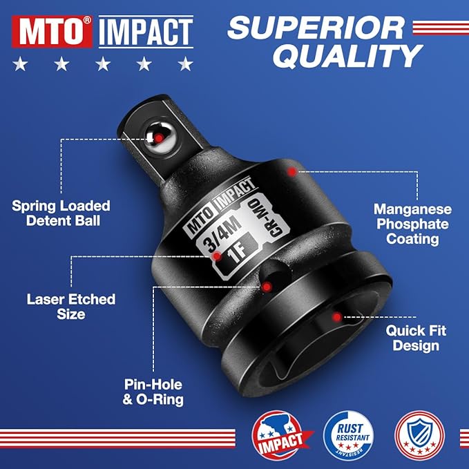 MTO 8-Piece Impact Socket Adapter & Reducer Set, 1/4", 3/8", 1/2", 3/4" Drive, Impact Driver & Wrench Conversion Kit, Chrome Molybdenum Steel