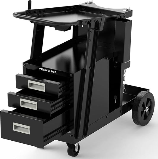 YESWELDER Welding Cart with 3 Drawers for MIG Welder TIG Welder and Plasma Cutter, Heavy Duty Large Storage 360° Rolling Welding Trolley