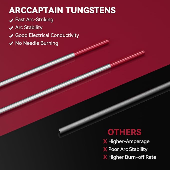 ARCCAPTAIN TIG Welding Tungsten Electrode 10-Pack 1/16"x 7"(Red, WT20/EWth-2) X 5Pcs