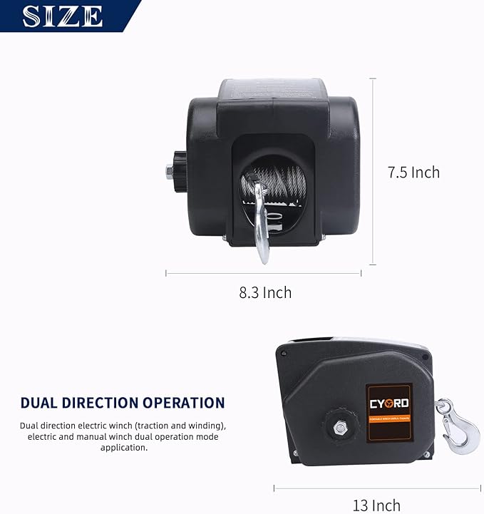 Portable Trailer Winch, Reversible Electric Winch 12V DC, Power-in, Power-out and Freewheel Operations for Boats 2000 lbs with Wireless Remote Control and Hand Crank
