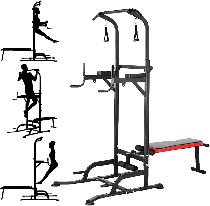 TLSUNNY Power Tower with Bench, Pull Up Bar Dip Station, Power Tower Dip Station, Training Workout Equipment, Height Adjustable Pull Up Tower w/Folding Bench 4 Ropes, Strength Training, Home Gym
