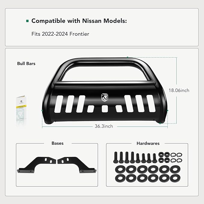 YHTAUTO 3" Bull Bar Push Bar with Skid Plate Light Mount Fit Nissan Models, Frontier 2022 2023 2024 2025, Alloy Steel Brush Guard for Truck Front Bumper Off Road Accessories