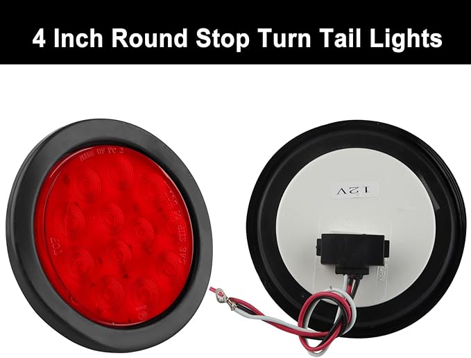 10Pcs 4 Inch Round Led Trailer Tail Lights Red 12 LED Waterproof 4" Round LED Stop Turn Tail Brake Light Marker Trailer Truck RV Lights Sealed Grommet Flush Mount w/3 Prong Wire Pigtails